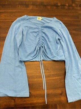 Princess Polly Top Women’s Medium Large Blue Ruched Bell Long Sleeve